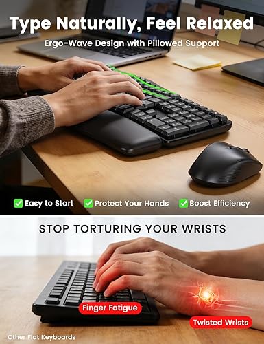 Miniatura 2 de Combo ergonómico de teclado y mouse inalámbricos, juego de teclado silencioso de tamaño completo de 30 dB con teclas onduladas y reposamanos suave,