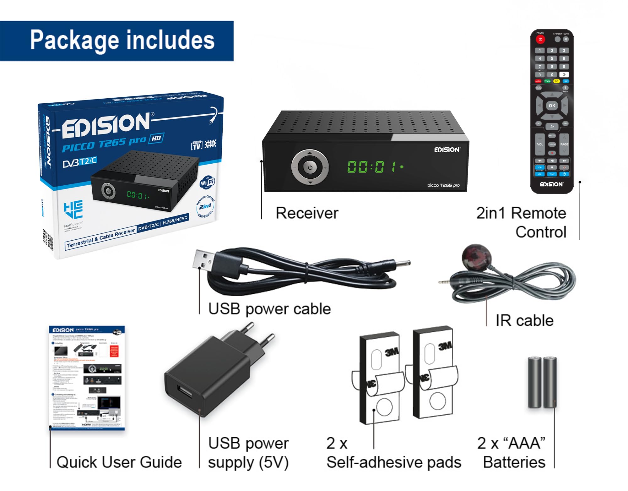 EDISION Picco T265 Pro HD Récepteur Terrestre TNT DVB-T2 et par Câble DVB-C H.265/HEVC FTA, PVR, USB, HDMI, SCART, S/PDIF, Capteur IR, Prend en Charge USB WiFi, IR Télécommande Universelle 2en1
