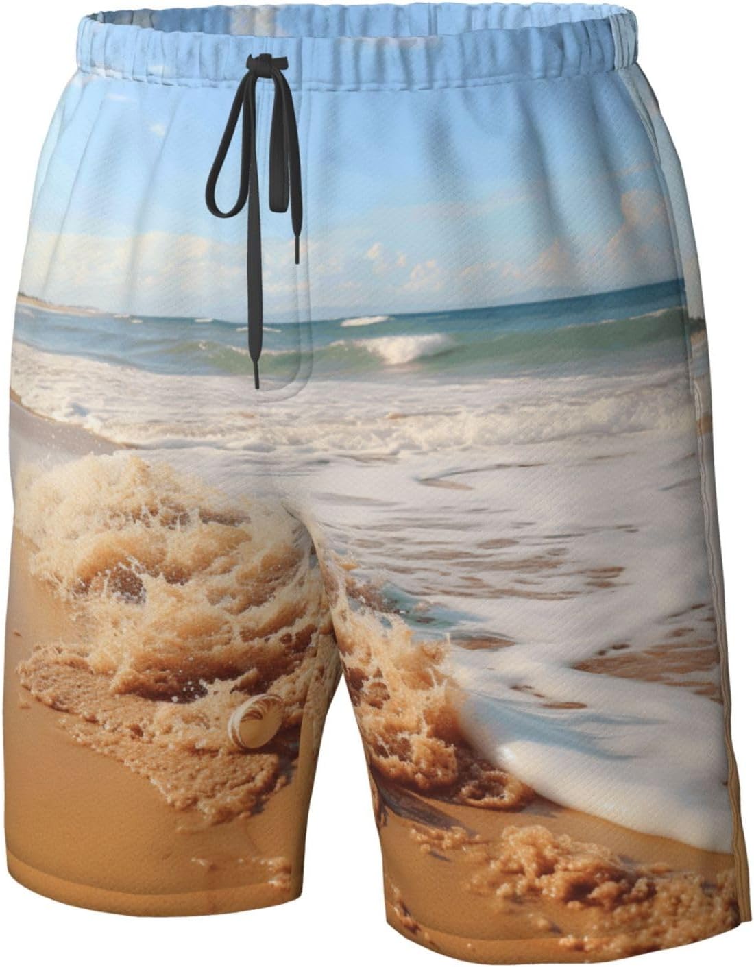 Ocean Sea Wave Seashell Print Mens Casual Shorts Drawstring Summer Beach Stretch Shorts Novelty Swimtrunks