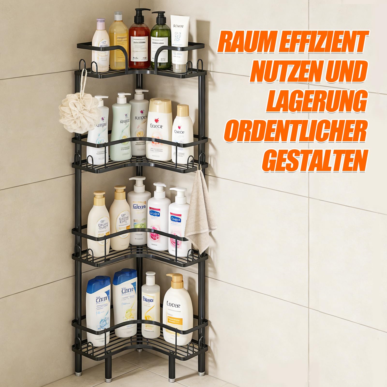 Teleskop Duschregal, 4-Tier Teleskopregal Bad Eckregal mit 16 Haken, Duschablage Ohne Bohren Höhe 107 cm, Schwarz Eckregal mit Verstellbare Fußpolster für Badezimmer