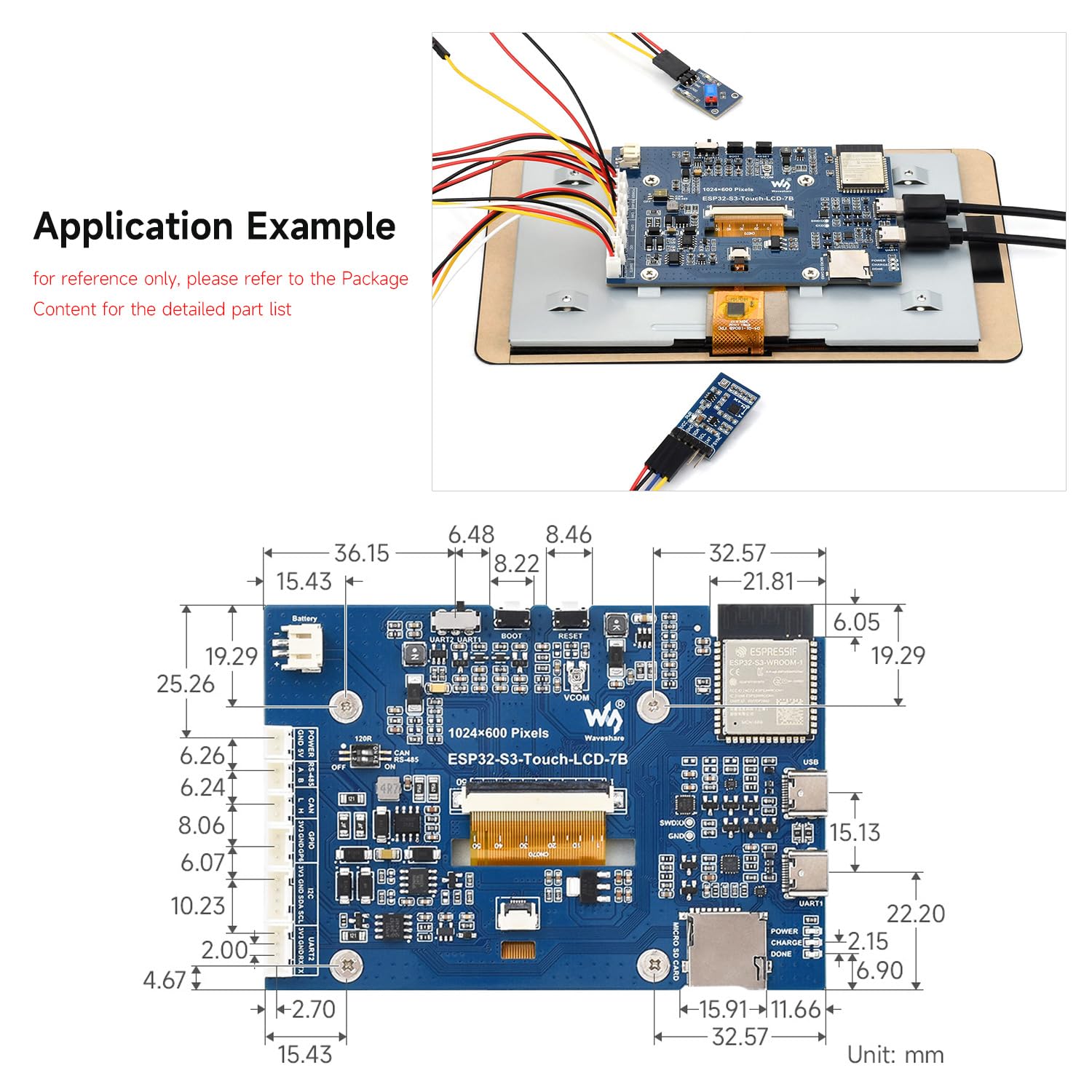 Waveshare ESP32-S3 Display 7inch LCD Development Board, 1024x600 Resolution, 32-bit LX7 Dual-Core Processor 240MHz, Wi-Fi & Bluetooth Support, Onboard Antenna, with Touch