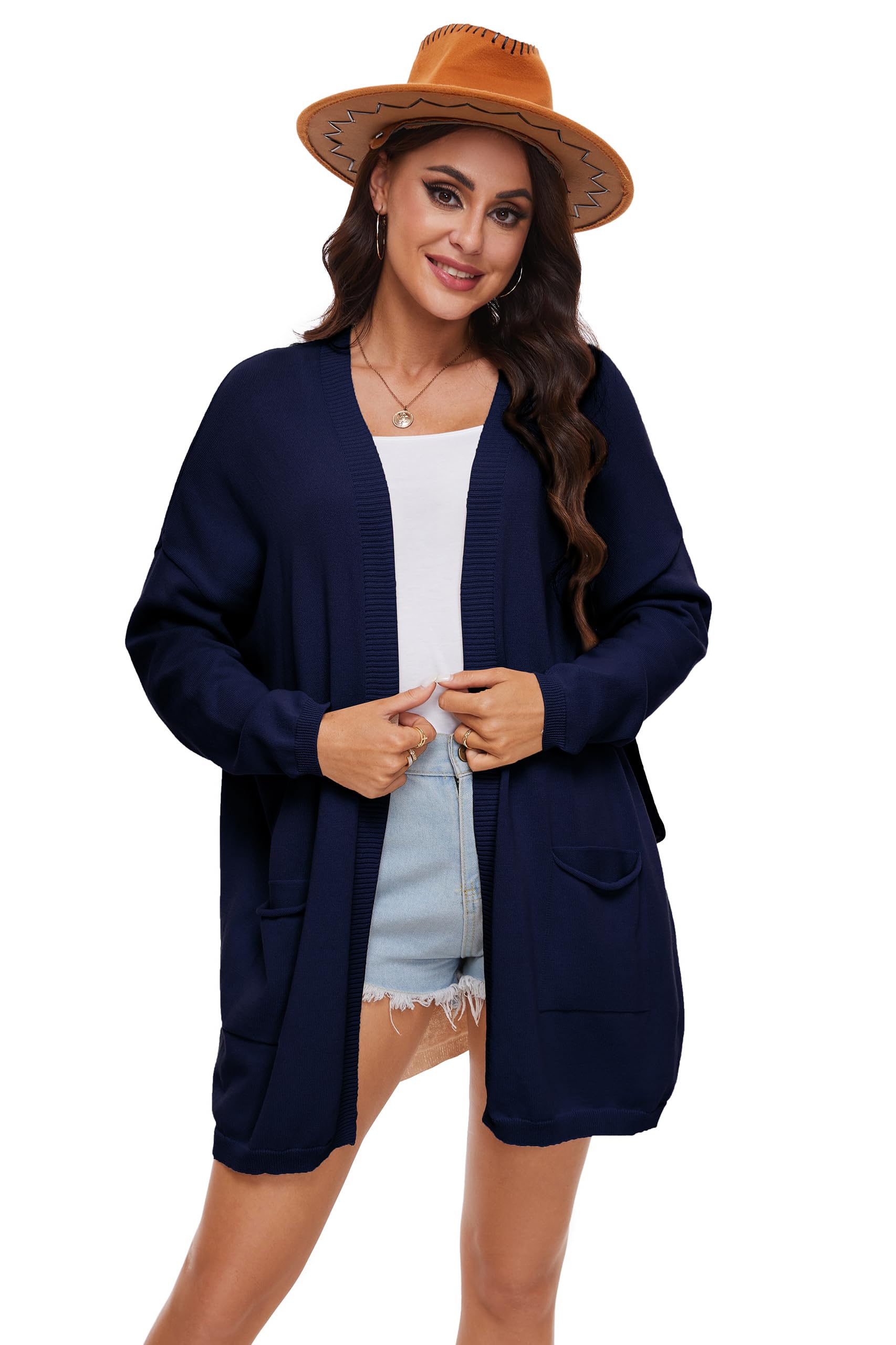 Cardigan Aperto in Cotone 100% per Donna con Tasche, Maniche Lunghe, Morbido, Oversize, Maglione Casual da Donna, Blu Navy, M
