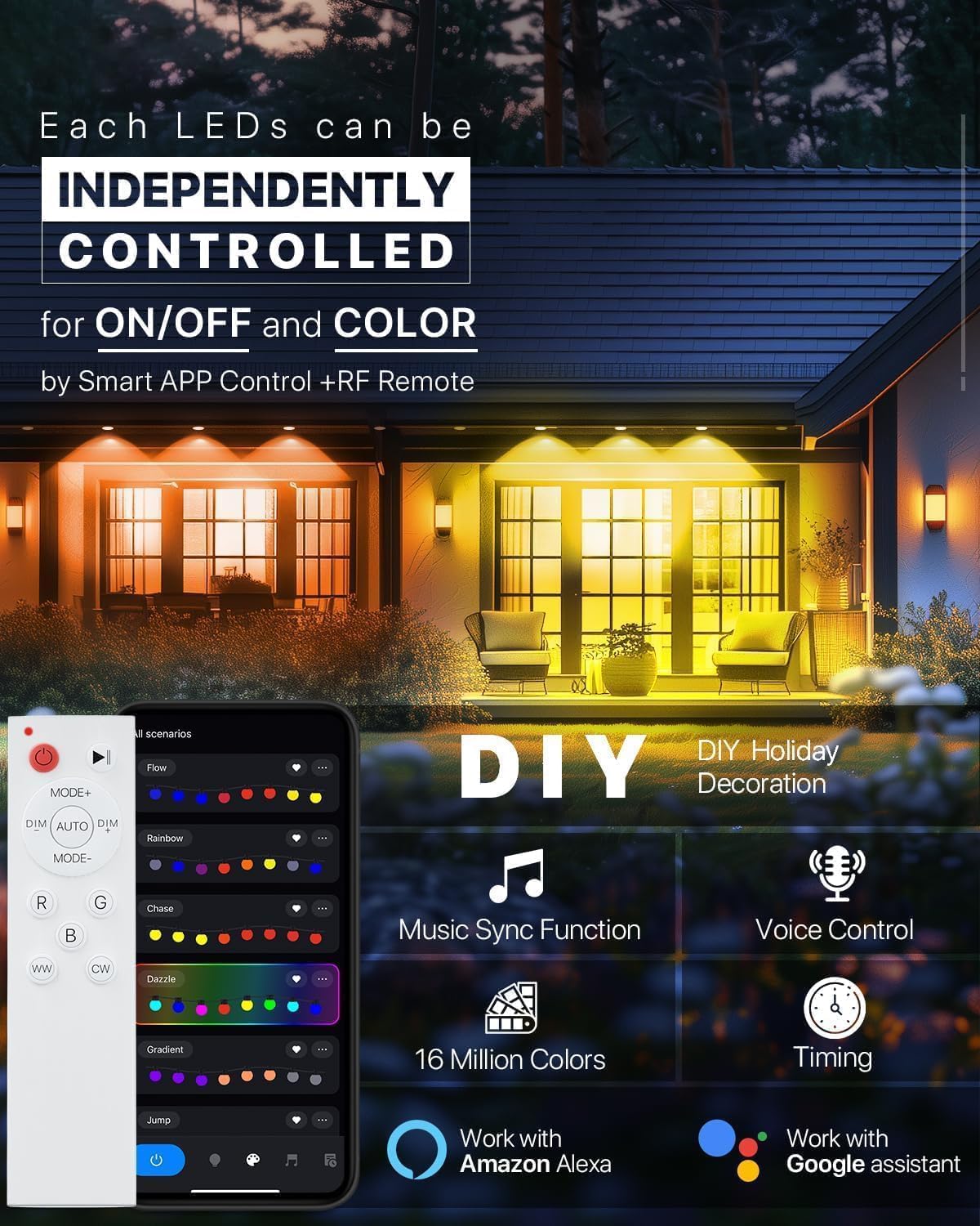 Outdoor Permanent Lights for House, 100ft 80led Smart Permanent Outside Lights, IP67 Waterproof, App/Remote Control, RGB+IC Color Changing for Year-Round Decor, Christmas Halloween Decorations, White