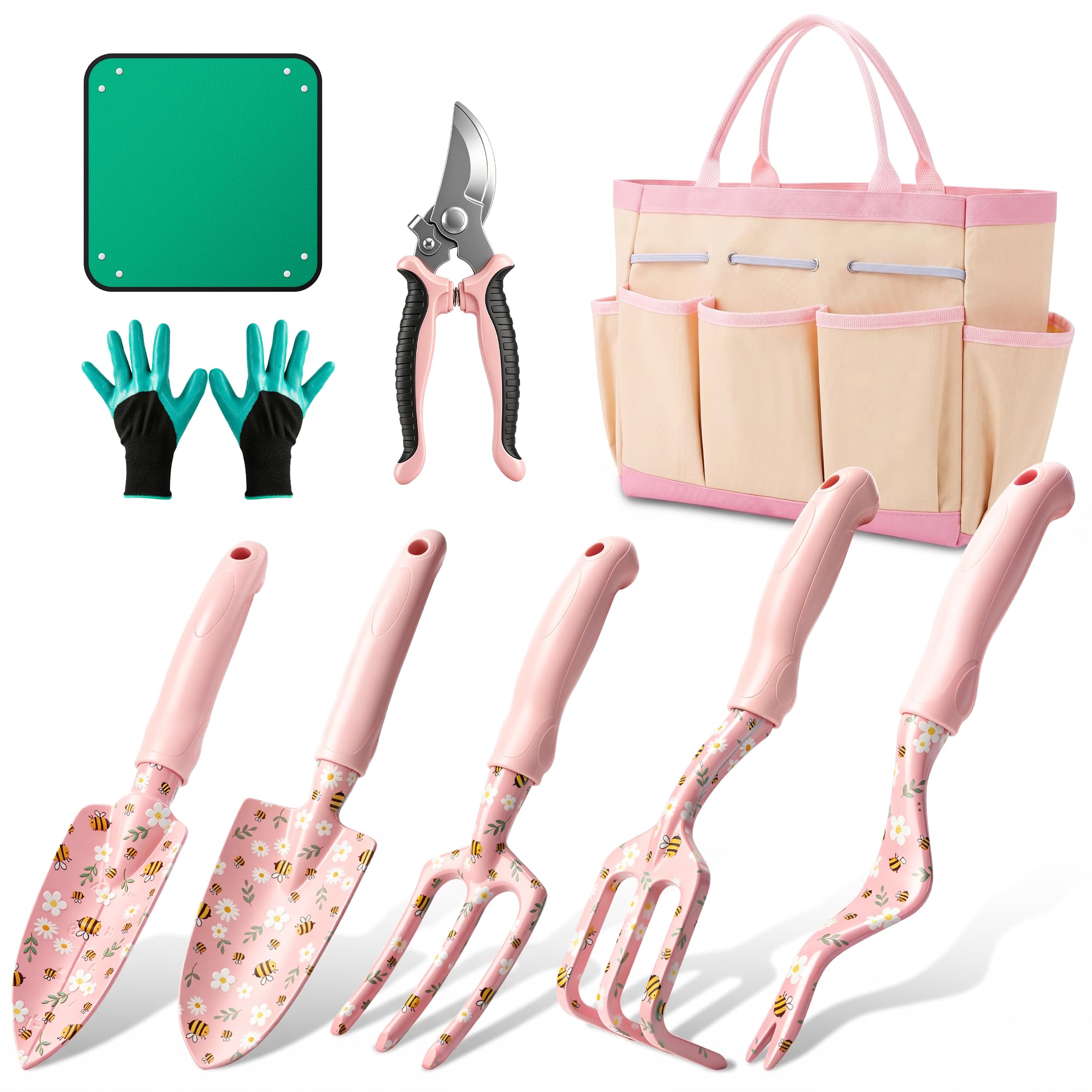 Gartengeräte Set Gartenwerkzeuge - Aluminium Handwerkzeug Kit mit rutschfesten Griffen, Gartenhandschuhe und Aufbewahrungstasche zum Pflanzen, Graben, Bodenpflege, Blumenbeete, Terrasse und Hausgarten