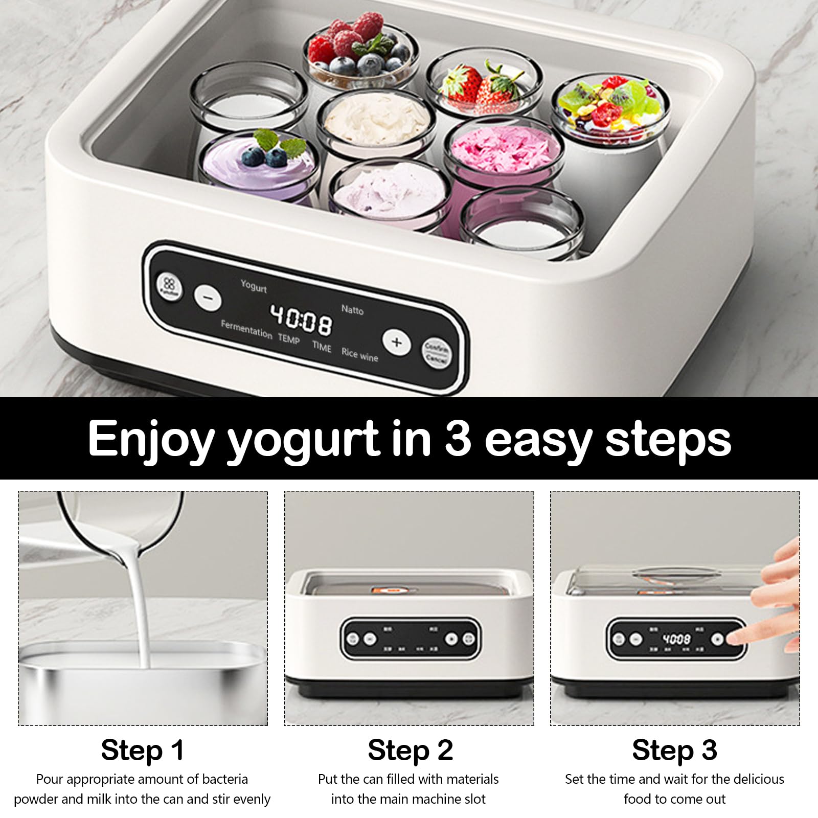 Yogurtiera Elettrica, Macchina per Yogurt con 9 Vasetti, Yogurtiera Yogurt Greco Fatto in Casa con Temperatura e Durata Regolabili per Yogurt Biologico Zuccherato o Senza Zucchero