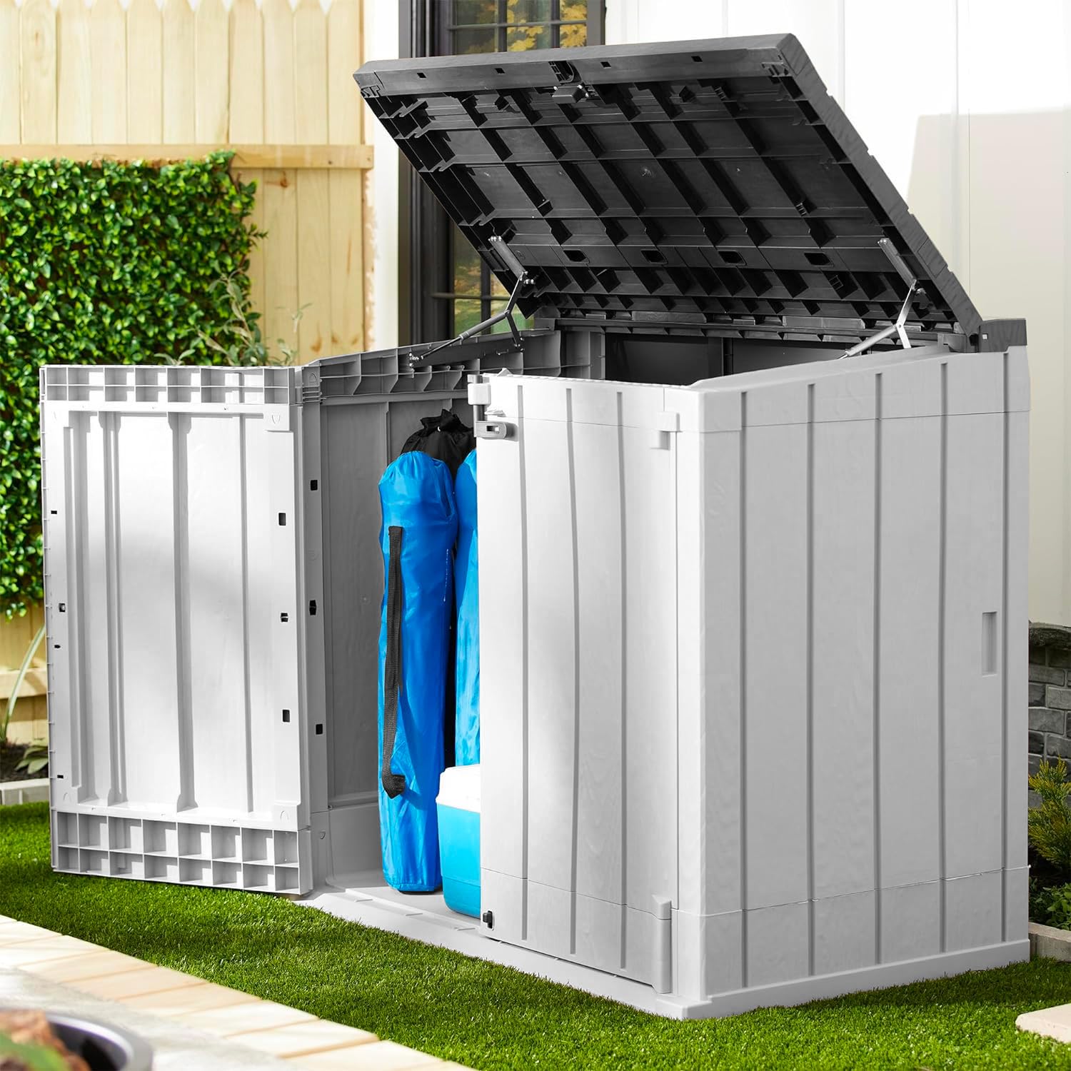 Avilia Cassa Multiuso Portaoggetti da Esterno a 2 Ante - Baule Porta Attrezzi in Plastica, Resistente alle Intemperie, 1270L, 145x85x124.5cm, Grigio