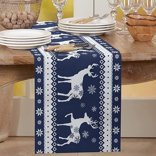 Camino de mesa de Navidad azul con diseño de ciervo blanco de copo de nieve para invierno, vacaciones, cocina, comedor, decoración para interiores y