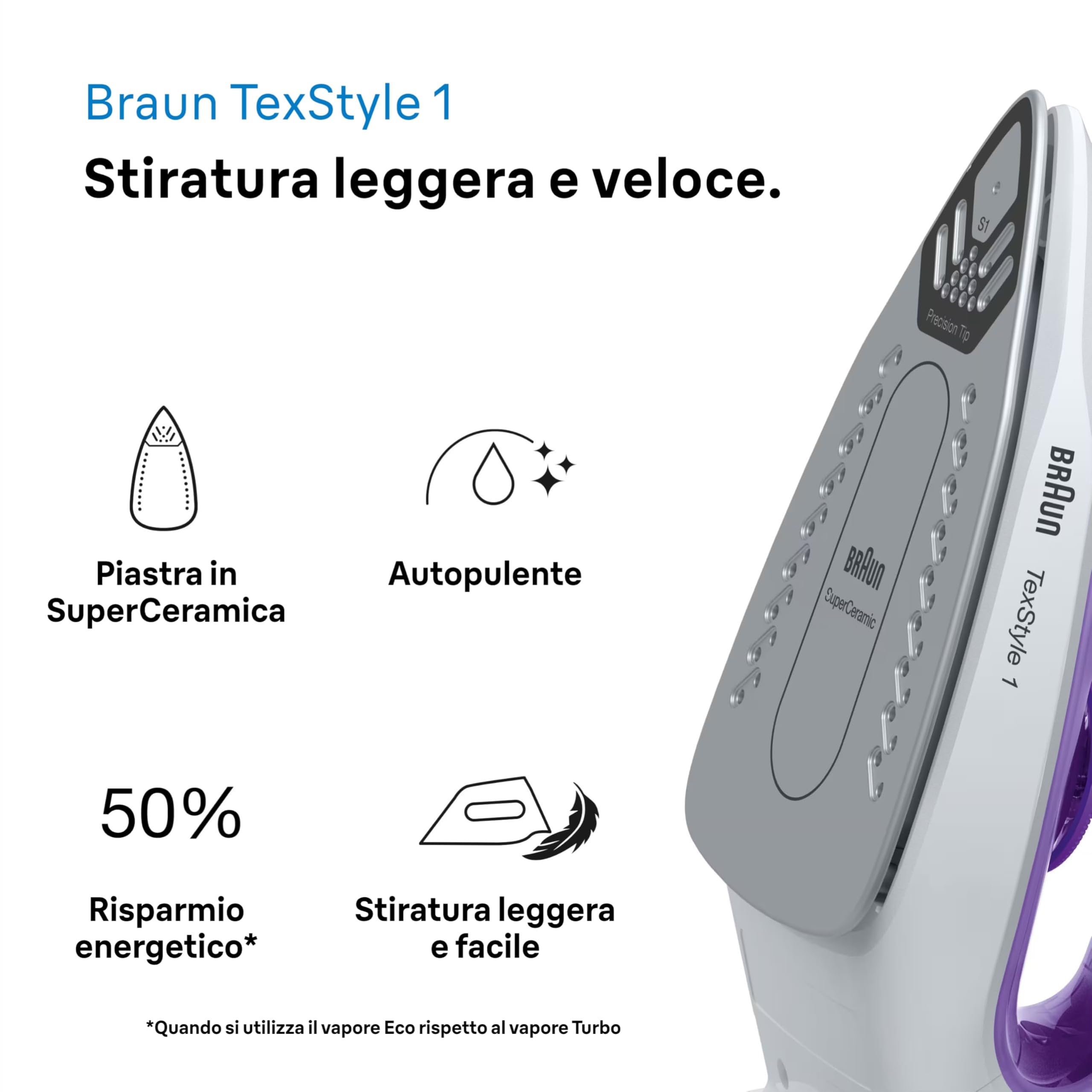 Braun TexStyle 1 SI1080VI, Ferro da Stiro CON 5 ANNI DI ASSISTENZA Piastra SuperCeramic, Punta di Precisione, 130g/min,Ricarica da 220ml, Eco Mode, Sistema Antigoccia, 2000W, Viola