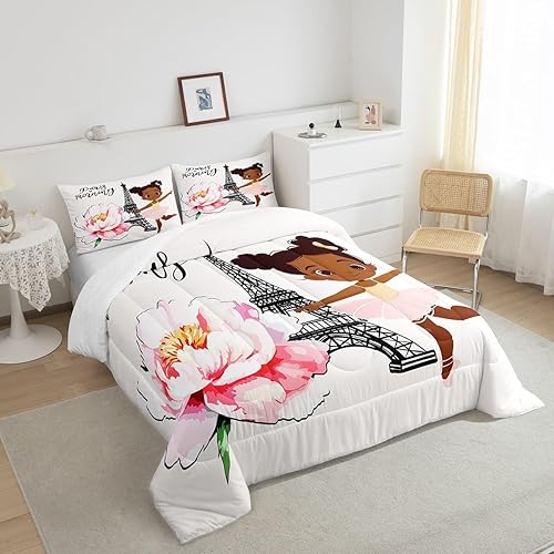 Miniatura 4 de Juego de ropa de cama de la Torre Eiffel para niñas, elegante juego de edredón de París, lindo relleno de edredón negro de ballet para mujeres,