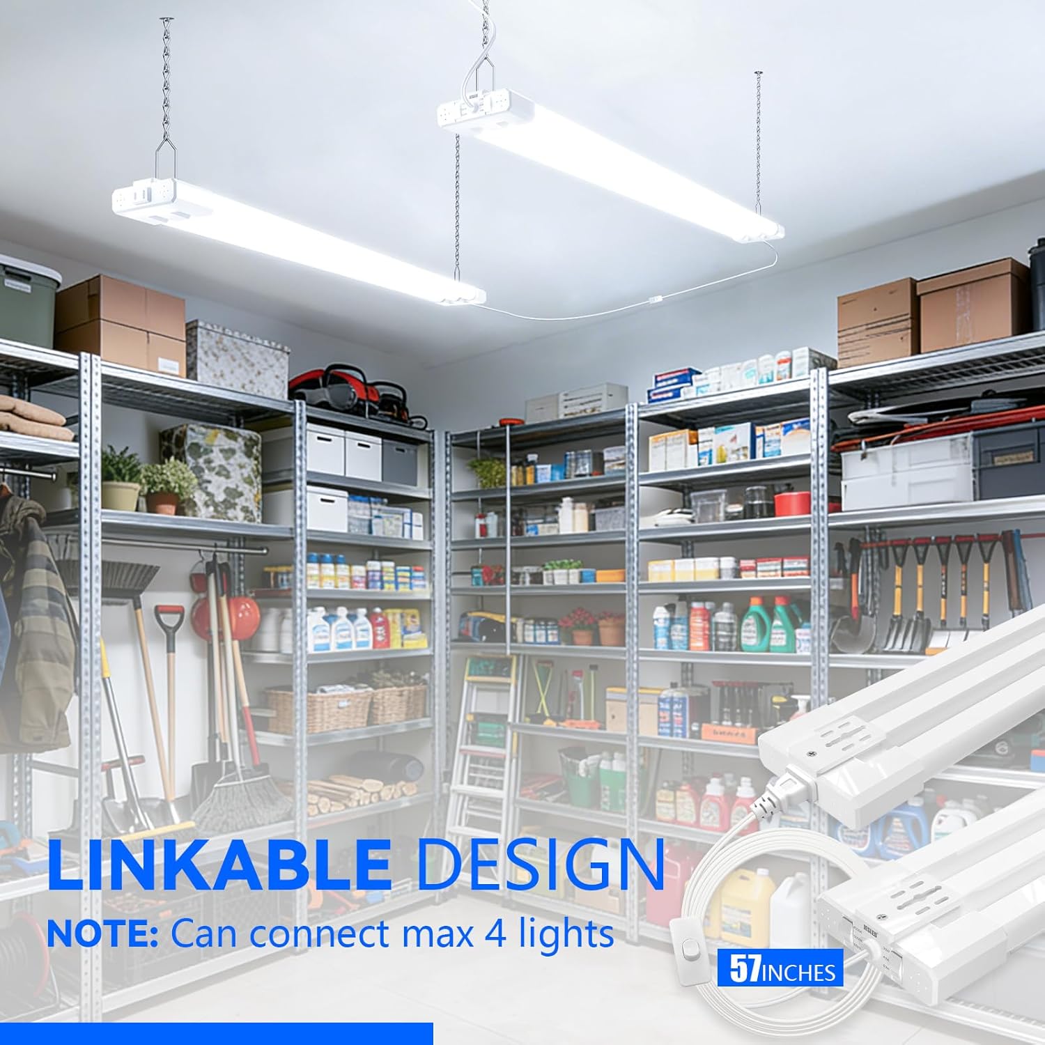 JESLED 4FT LED Shop Lights, 3CCT Selectable 4000K/5000K/6500K, Adjustable 30W/40W/50W, 7500LM(300W Eqv), Linkable Utility LED Light for Garage, Plug & Play, Ceiling or Hanging Mount, ETL, 2-Pack