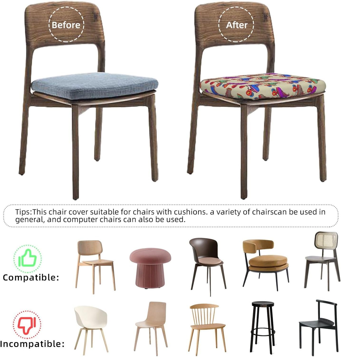 4PCSs Stretch Seat Covers Set, Roller Skates Chair Covers for Dining Room, Square Chair Seat Slipcovers with Ties, Removable Washable Dining Chair Protector Seat Cover for Kitchen Office