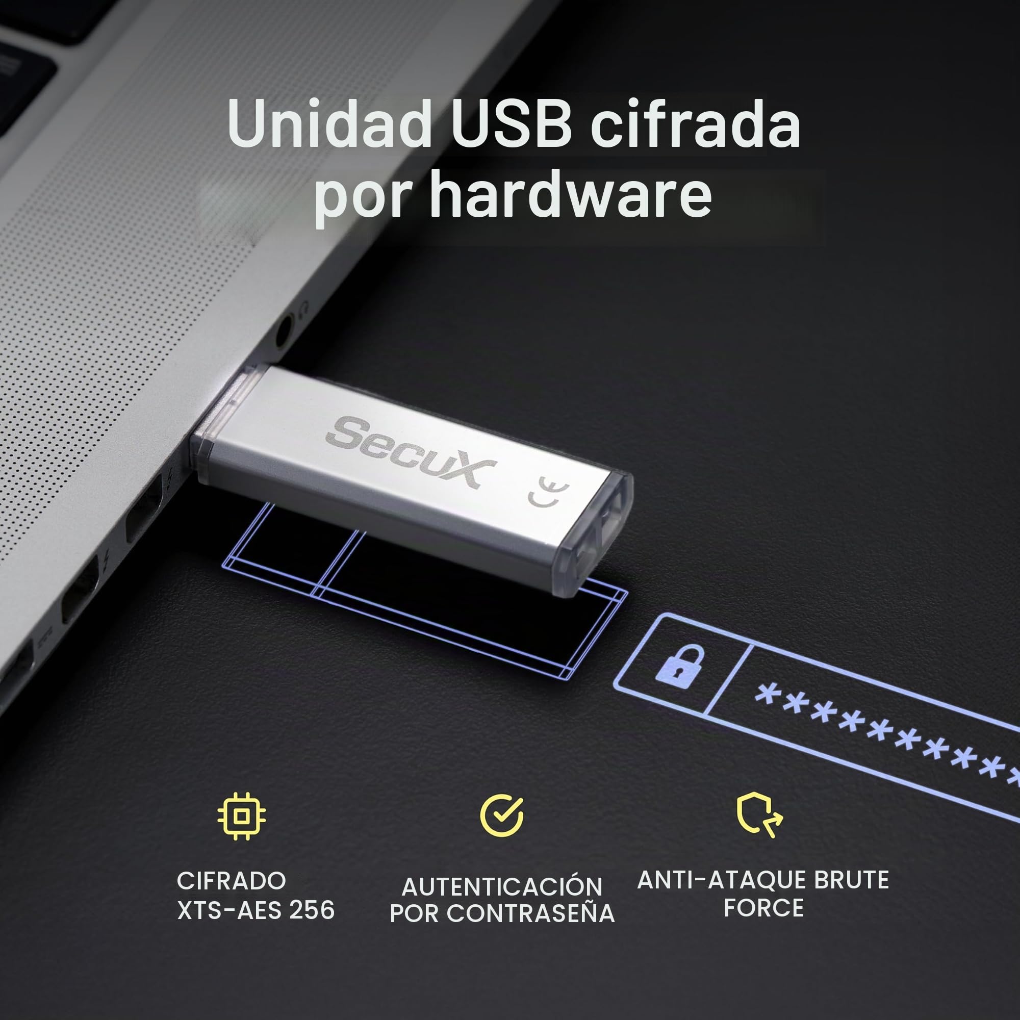 SecuX Forte - Unidad Flash USB Encriptada - USB 3.2 Gen 1 - Encriptación XTS-AES - Autenticación por Contraseña - Bloqueo Automático - Carcasa de Metal Plateada (128 GB) (64, GB)