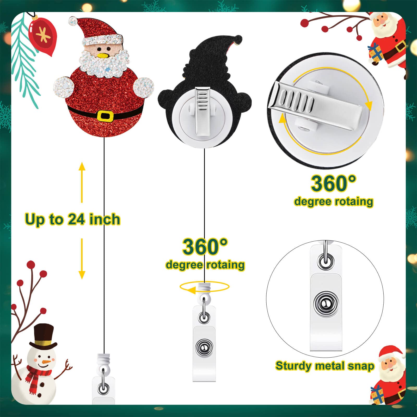 Woanger 24-Pack Christmas Badge Reels - Felt Retractable ID Holders With Alligator Clip, Santa, Reindeer & Snowman Designs - View #7