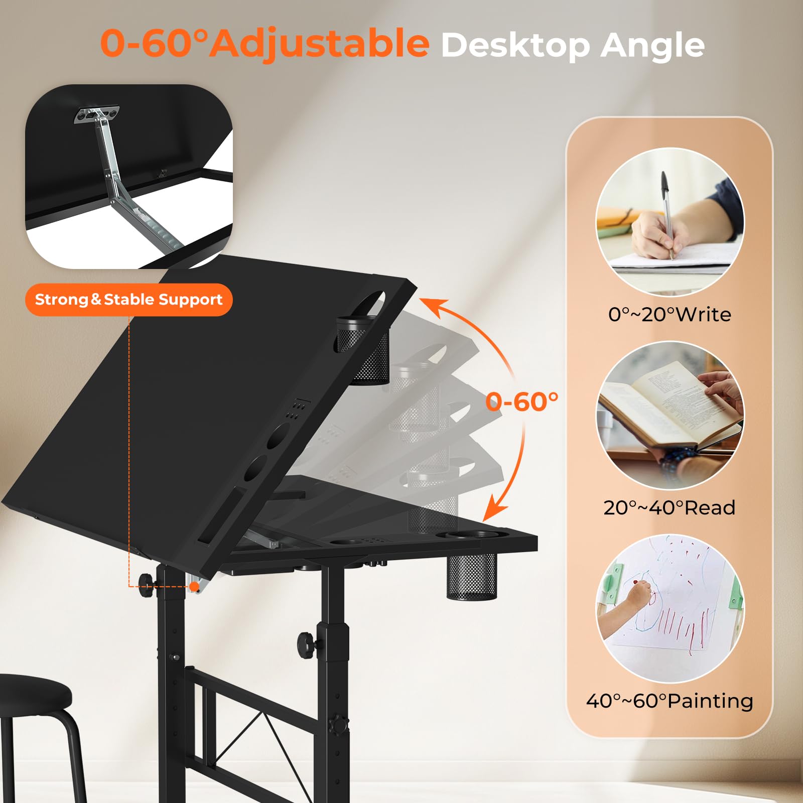 Dripex Zeichentisch 0-60° Neigbar Architektentisch Verstellbarer Tischplatte Höhenverstellbar Arbeitstisch Zeichnung Computertisch mit Hocker für Office und Home Schwarz