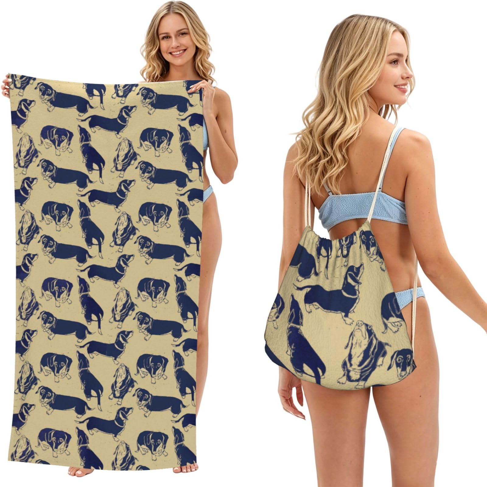 Poadnly As Picture Funny Dachshund, 2 In 1 Packable Towel Bag, Beach Towels With Drawstring Backpack For Travel Holiday Camping