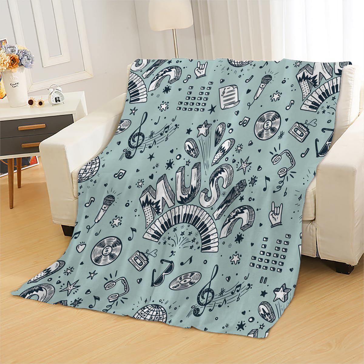 3D Couverture Musique 220x240cm Microfibre Flanelle Douce et Chaude Polaire Plaid Couverture Musiknote Blanket Lumière pour Lit Canapé La Chambre Coucher Voyages(Image 1-3)