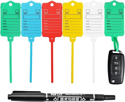 50 Car Key Tags with Labels Plastic Car Dealership Key Tags Self Locking Automotive Identifiers Blank Shop Labels with One Pen Mixed Color