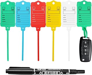 100 Car Key Tags with Labels Plastic Car Dealership Key Tags Self Locking Automotive Identifiers Blank Shop Labels with One Pen (Mixed Color)