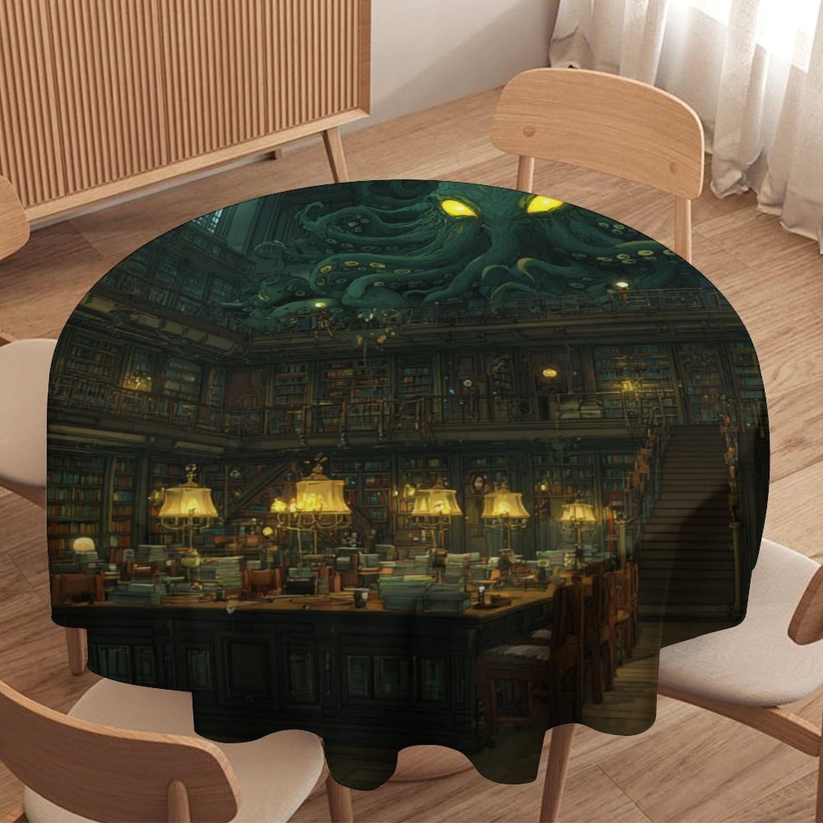 Luyysky Viking Abstract Sea Octopus Waterproof Round Tablecloth Classic Watercolor Animal Octopus Library Bookshelves Washable Table Cover For Kitchen-127 Wx127 L Cm