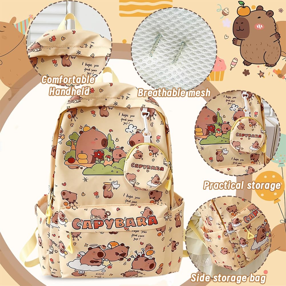 Capybara Bambini Zaino Schoolbag Grande Capacità Kawaii Astuccio Scuola Capibara Trousse Pencil Case Portapenne Animali Portachiavi 4 Penne Cancellabili Capybara Regalo Set (Giallo)