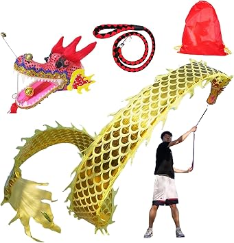 Chinese Dragon Poi Streamer with Head & Scales - Traditional Flowing Ribbon for Parades & Flow Arts | Outdoor Juggling Prop & Performance AccessoryYellow,8 m 26 ft
