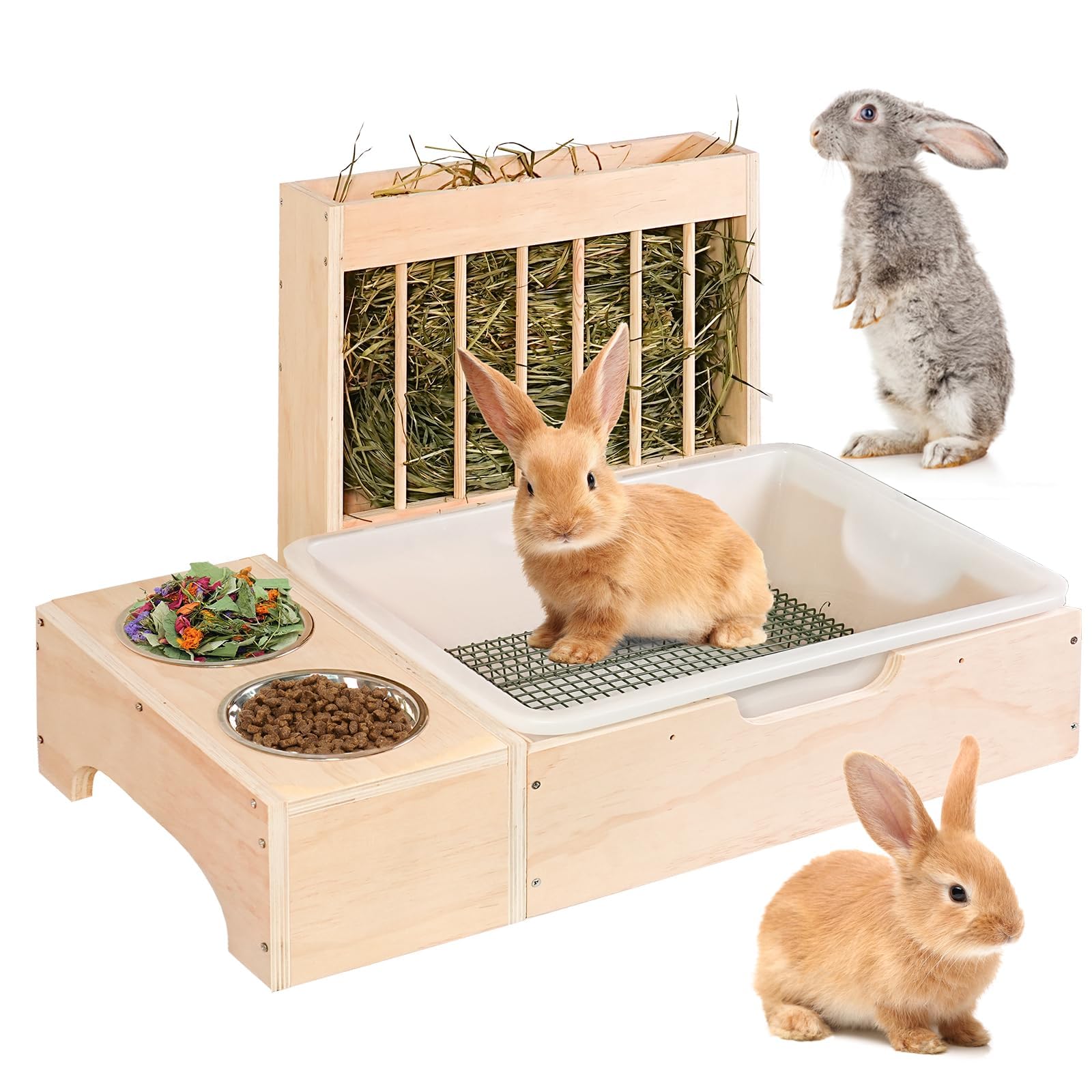 3 in 1 Extra große Heu-Futterstation mit Katzentoilette und Hölzerner Hasentoilette, für Zwergkaninchen, Meerschweinchen, Chinchillas, Hamster, Frettchen und andere Tiere