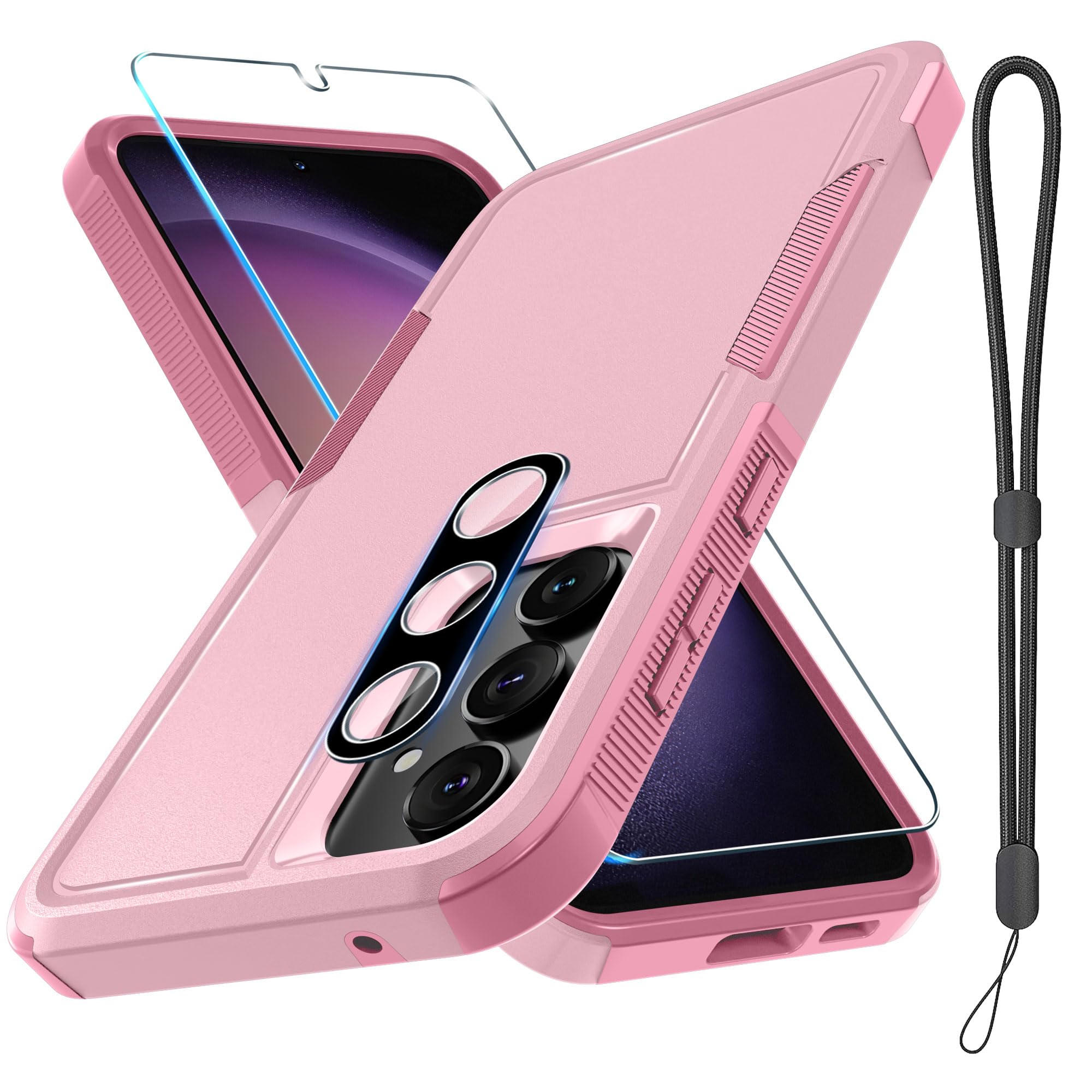 for Samsung Galaxy S23 FE Case [NOT for S23], Full Body Heavy Duty Rugged Shockproof Protective Phone Cover with Wrist Strap Lanyard, Tempered Glass Screen Protector and Camera Lens Cover, Cute Pink