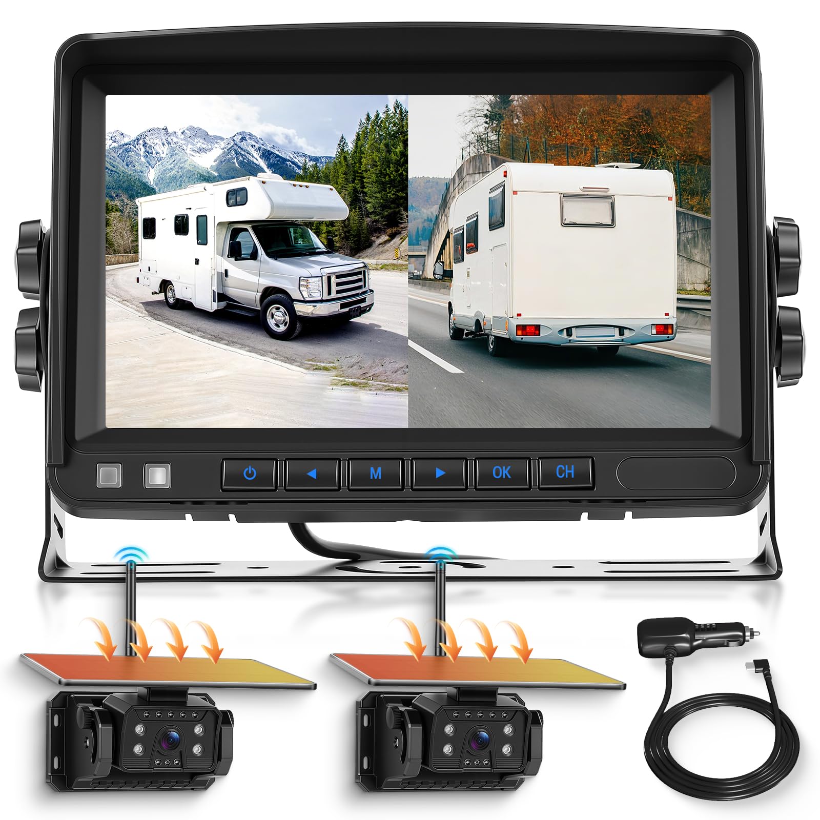 VECHTEL Telecamera Retromarcia Senza Fili, Monitor IPS Da 7'' con 2 HD 720P Telecamere Solari Magnetiche 10000mAh Wireless, Impermeabile IP69, Visione Notturna, Linee Guida, 12‑36V Per Auto Camion SUV