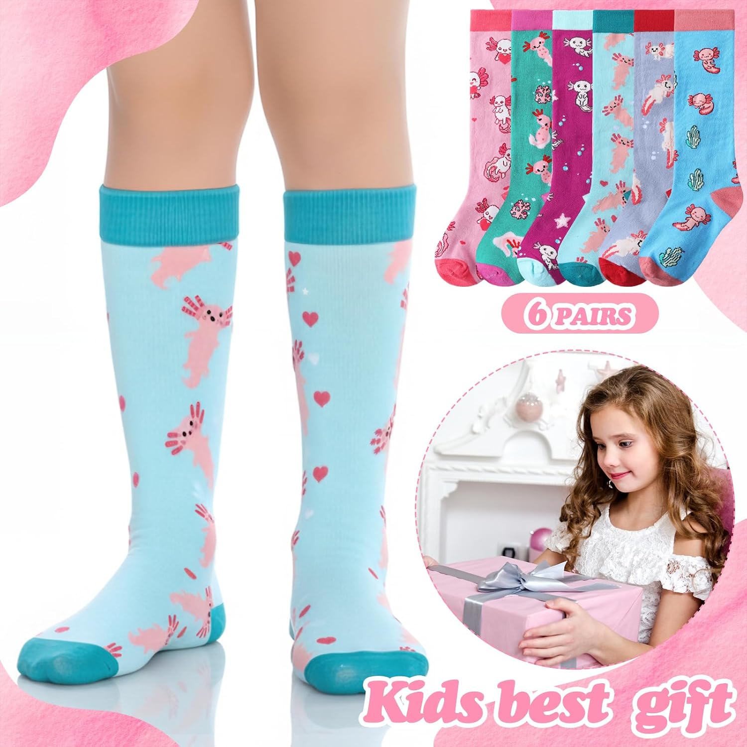 Fourluoo 6 Pairs Kid Axolotl Mermaid Socks