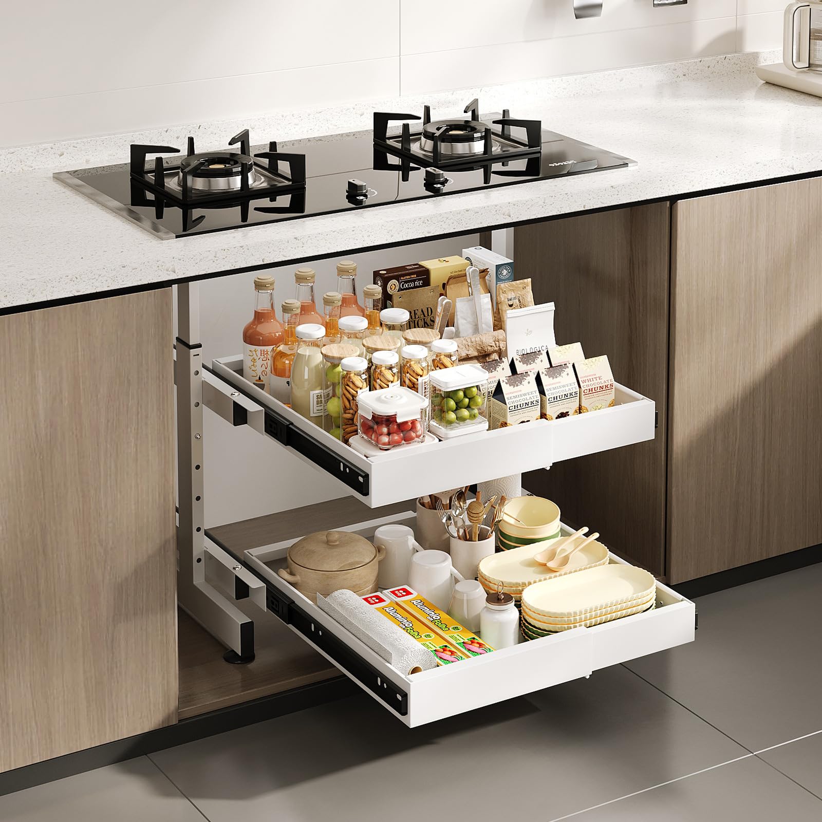 2-Ebenen Spülschrank Organizer Höhenverstellbar Teleskopschublade Unter Waschbecken Regal Unterschrank Organizer Küchenschrank Innenschublade Organizer für Küchen, Badezimmer (Weiß)