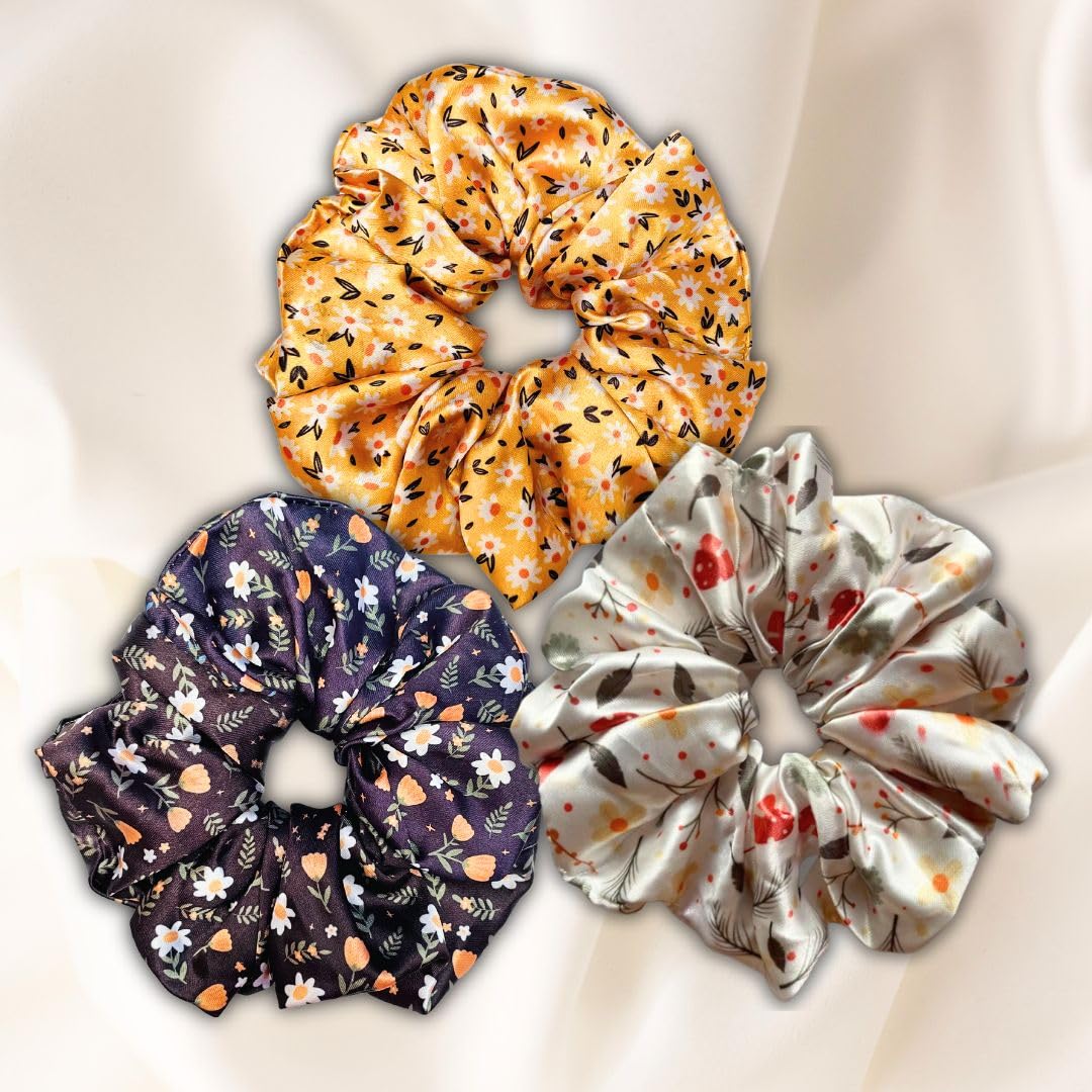 Bonjoy Stylish Diva XL Printed Satin Silk Scrunchies for Women and Girls | Pack of 3 | Premium Hair Bands & Ponytail Holders | Ultra-Soft, Shiny, Fuller, Long-Lasting, Antistatic Hair Ties | No-Slip, Trendy, Well-Adjusting Hair and Hand Accessory | L (B0CR86TRXC) Amazon Price History, Amazon Price Tracker
