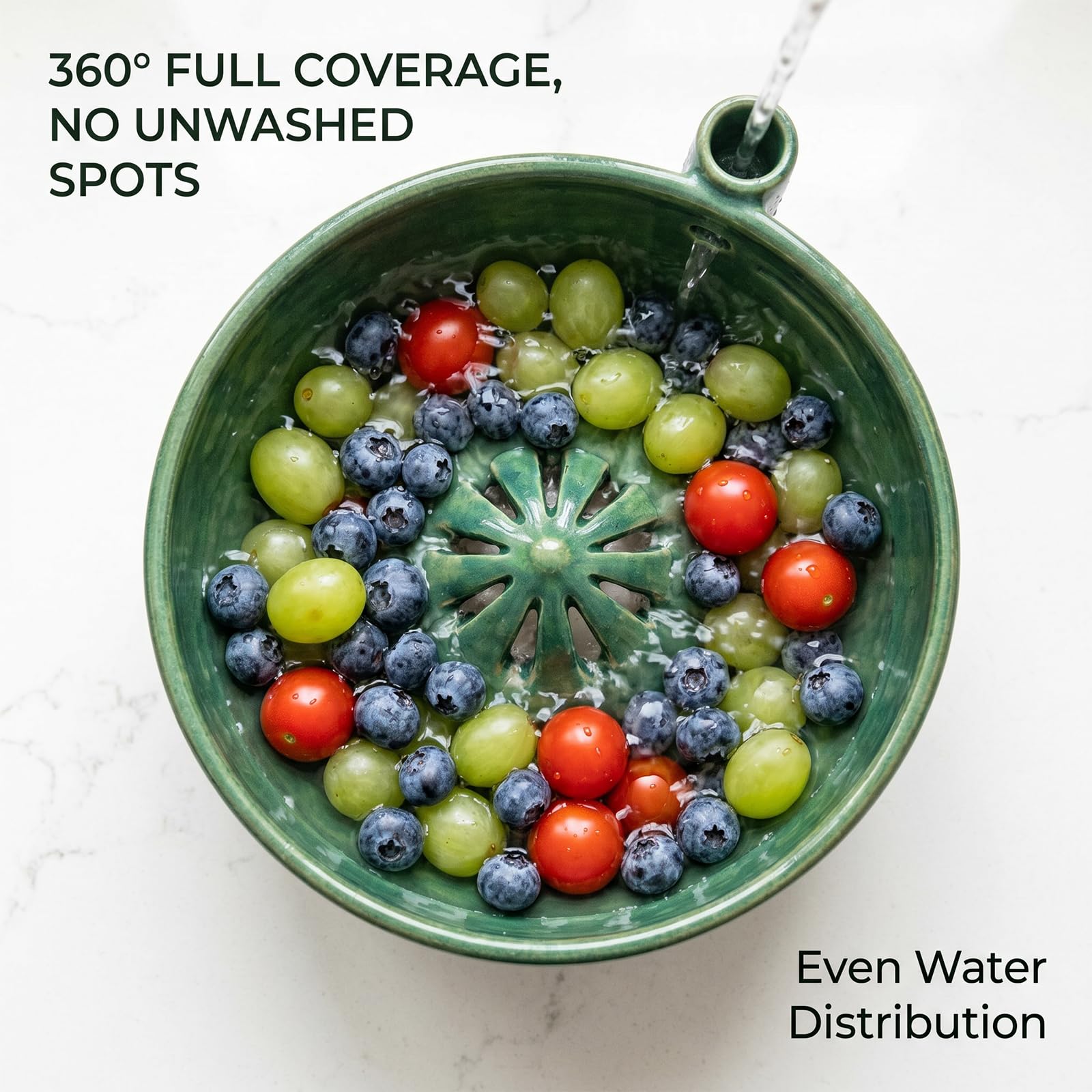 Berry Bowl, Self Spinning Berry Washing Bowl, Ceramic Fruit Washer Colander with Drain Holes, 360° Vortex Cleaning for Berries & Vegetables (1ps)