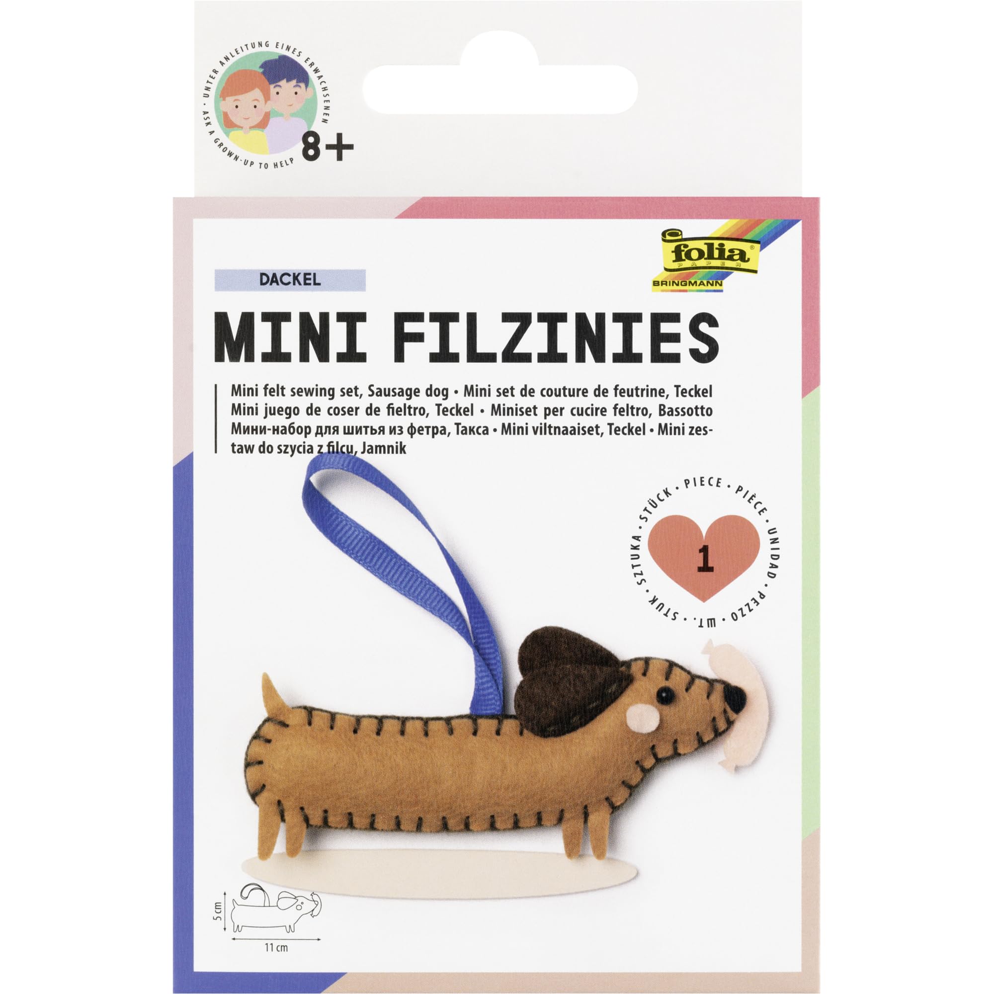 folia 52921 - Mini Filzinies DACKEL, 12-teiliges Filz Nähset aus 7 vorgestanzten Filzteilen inkl. Zubehör, zum Basteln eines selbstgenähten Anhängers, für Kinder ab 8 Jahren