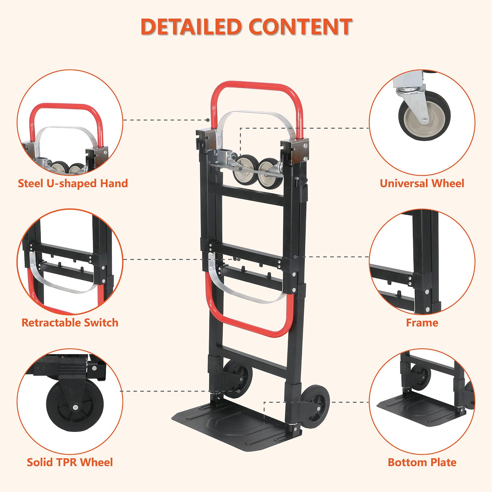 Carretilla de mano convertible 2 en 1 mejorada con capacidad de 600 libras, carretilla de mano plegable de aluminio con ruedas de goma para transporte y mudanza en casa, almacén, supermercado, oficina