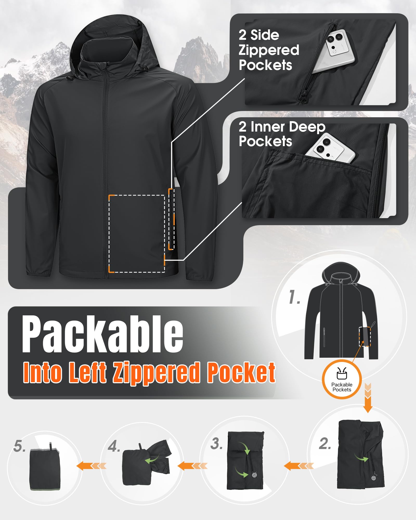 33,000ft Leichte Regenjacke Herren Wasserdicht Atmungsaktiv -Männer Dünne Outdoor Jacke Faltbar Windbreaker Wanderjacke Laufjacke zum Reisen Wandern Golf