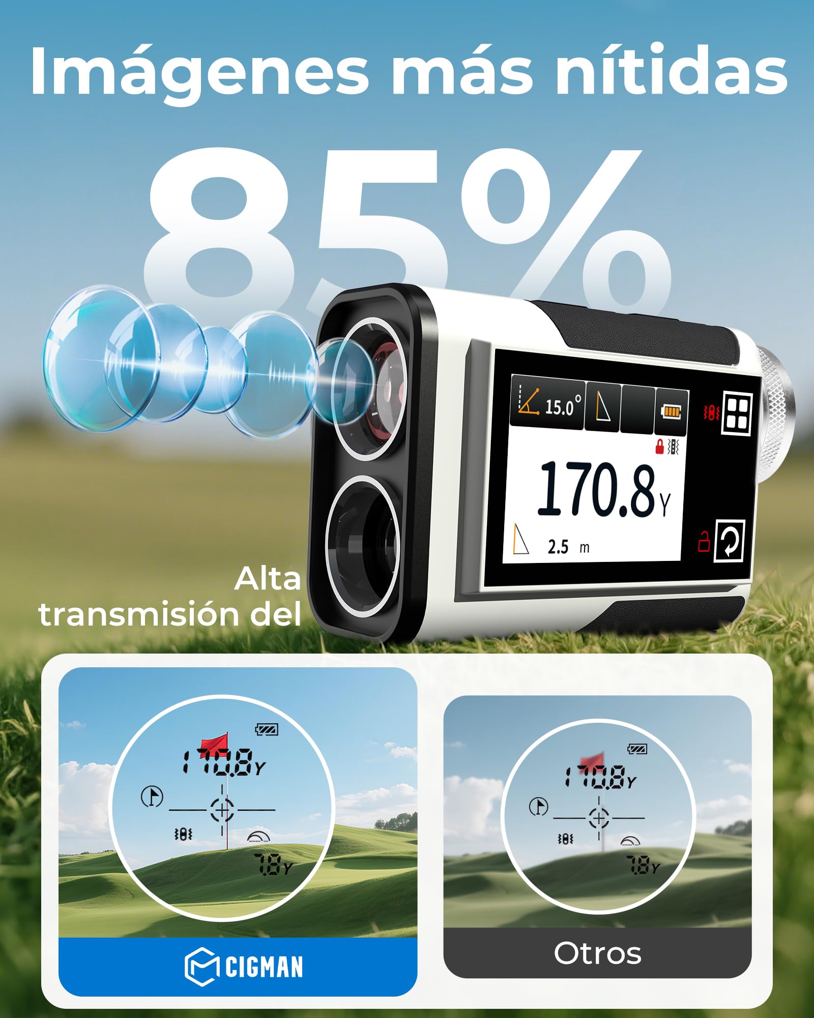 Telémetro de Golf CIGMAN de 1312 Yardas, precisión de ±1 m, Pantalla táctil Lateral con compensación de Pendiente, Ocular de 25 mm, telémetro láser Recargable Tipo C para Campos de Golf
