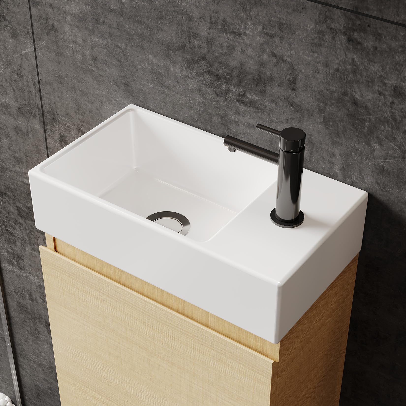 Szafka pod umywalkę 40 cm dąb, wisząca na ścianie z umywalką ceramiczną, 1