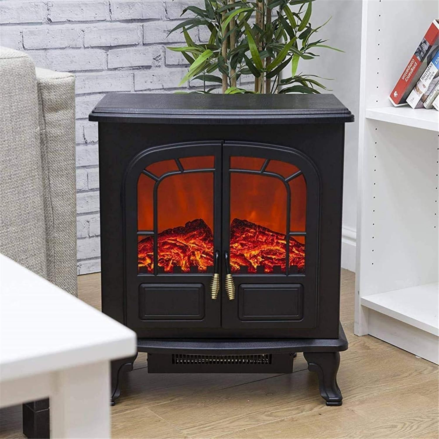 Heater Electric Wood Burner Electric Heater with Fan Bronze Style Handle Realistic Flame Effect Vivid Best Fireproof Material Black (Color : Black)