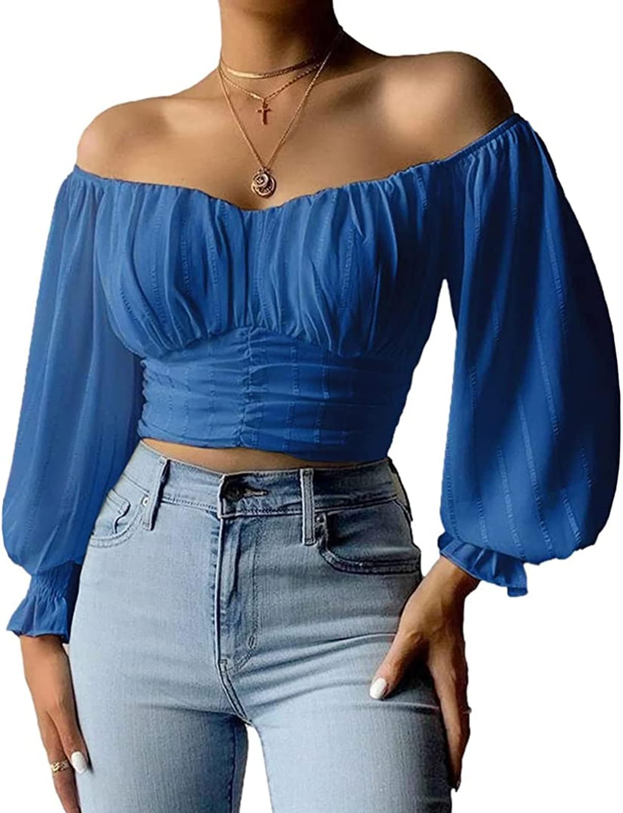 MIRACMODA Womens Elegant Off The Shoulder Puff Sleeve Blouse Summer Chiffon Slim Fit Party Crop Top