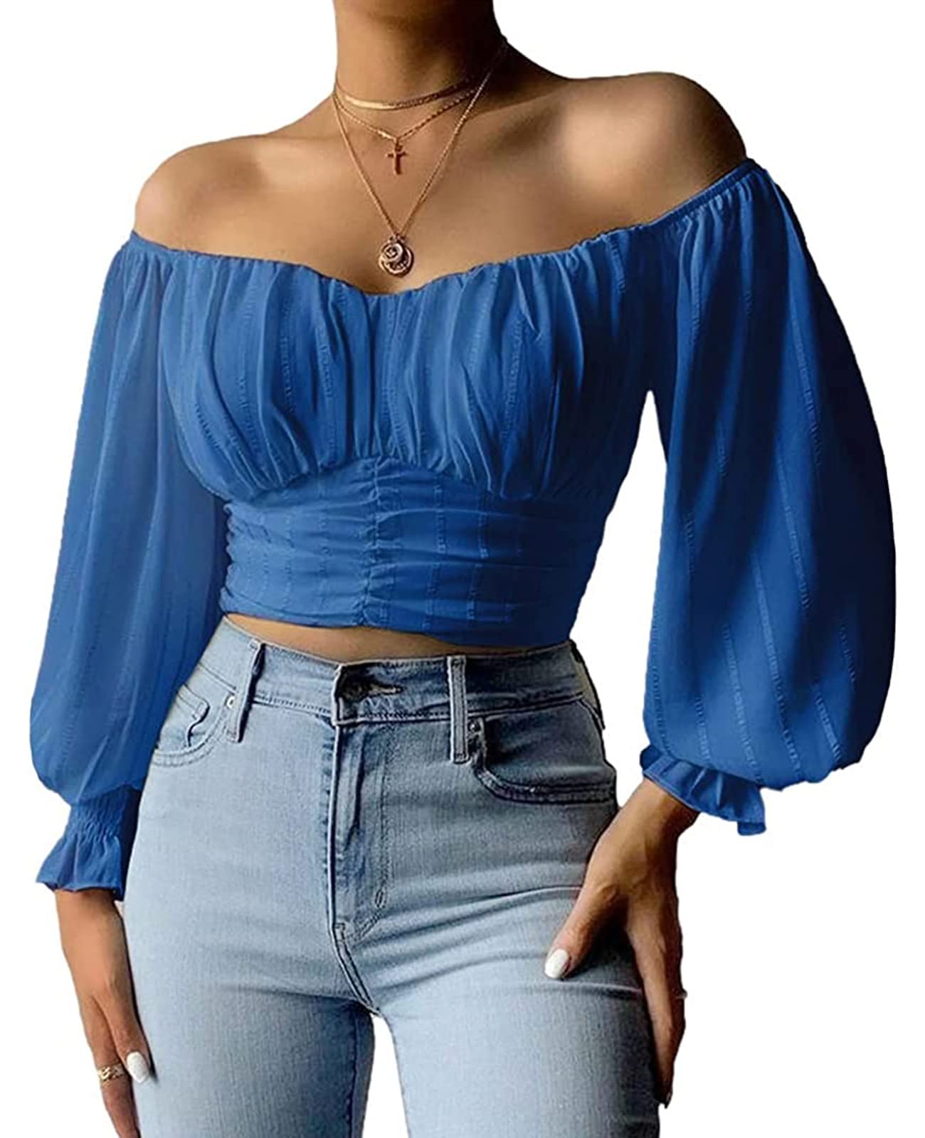 MIRACMODA Womens Elegant Off The Shoulder Puff Sleeve Blouse Summer Chiffon Slim Fit Party Crop Top