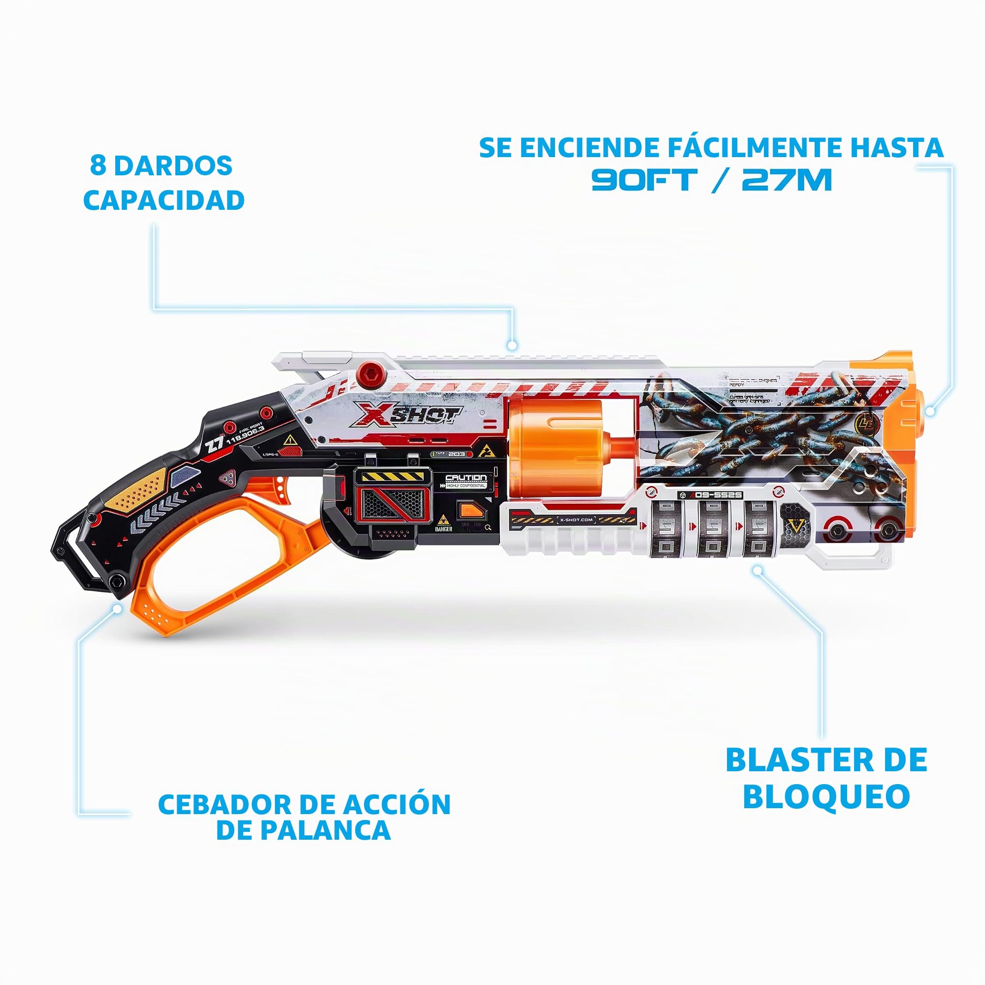 XSHOT Skins Lock Blaster de ZURU con 16 Dardos, Barril Giratorio, tecnología de Dardos de Bolsillo de Aire, Mecanismo de Bloqueo con código único, Lanzador de Espuma de Juguete para niños,