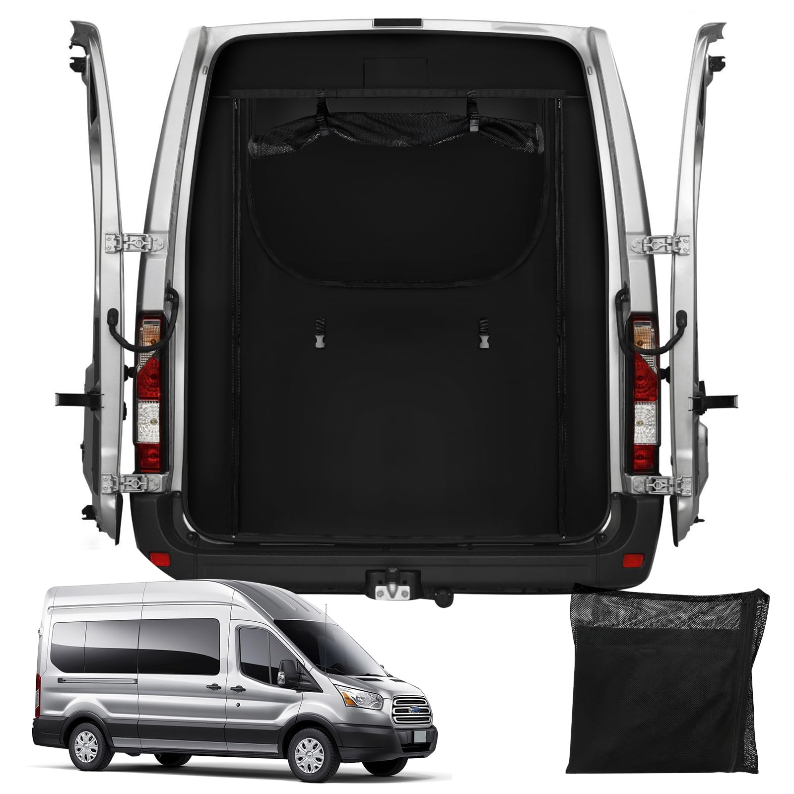 Van Bug Screen Designed for 2014-2024 Ford Transit MK8/9 250/350/350HD High Roof 148WB and 178WB, Rear Door Bug Screen Center Zipper Closure Door Bug Mesh, with Privacy Cloth