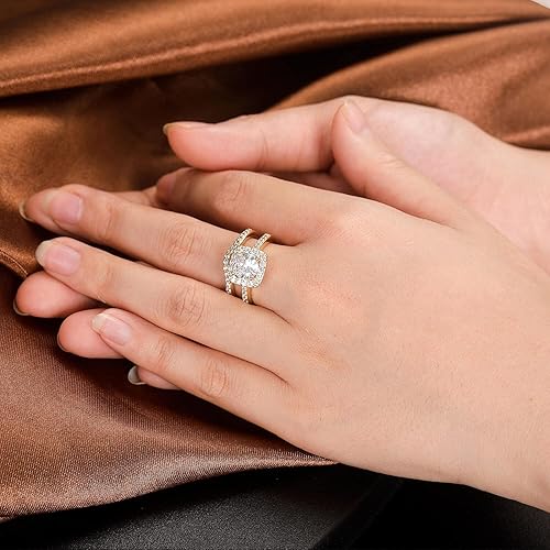 Miniatura 6 de Gemsme Anillos de boda de compromiso de eternidad chapados en oro de 18 quilates, dos en uno, anillos de novia con halo de circonia cúbica