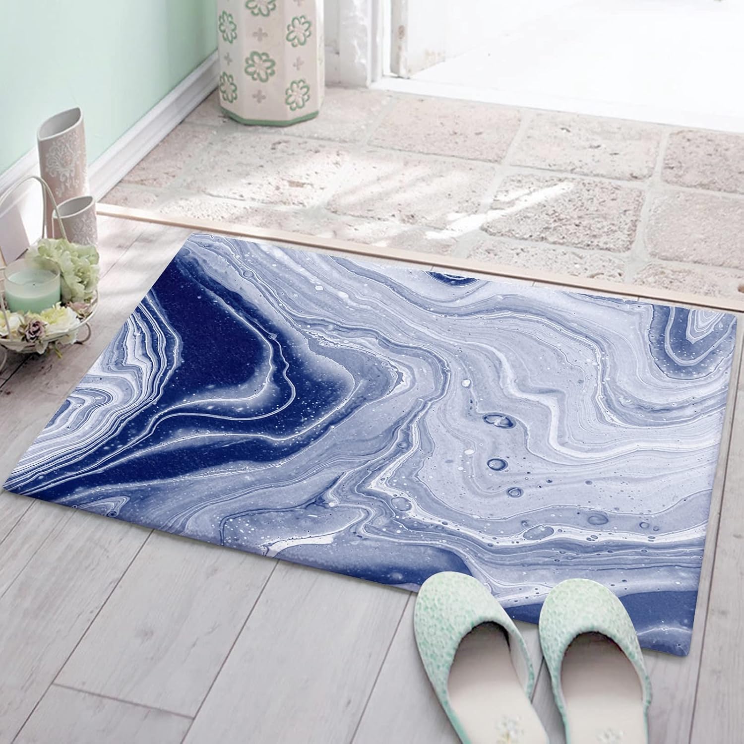 Marble Navy Blue Grey Bath Mat,Soft Absorbent Bathroom Rug Doormat Indoor Front