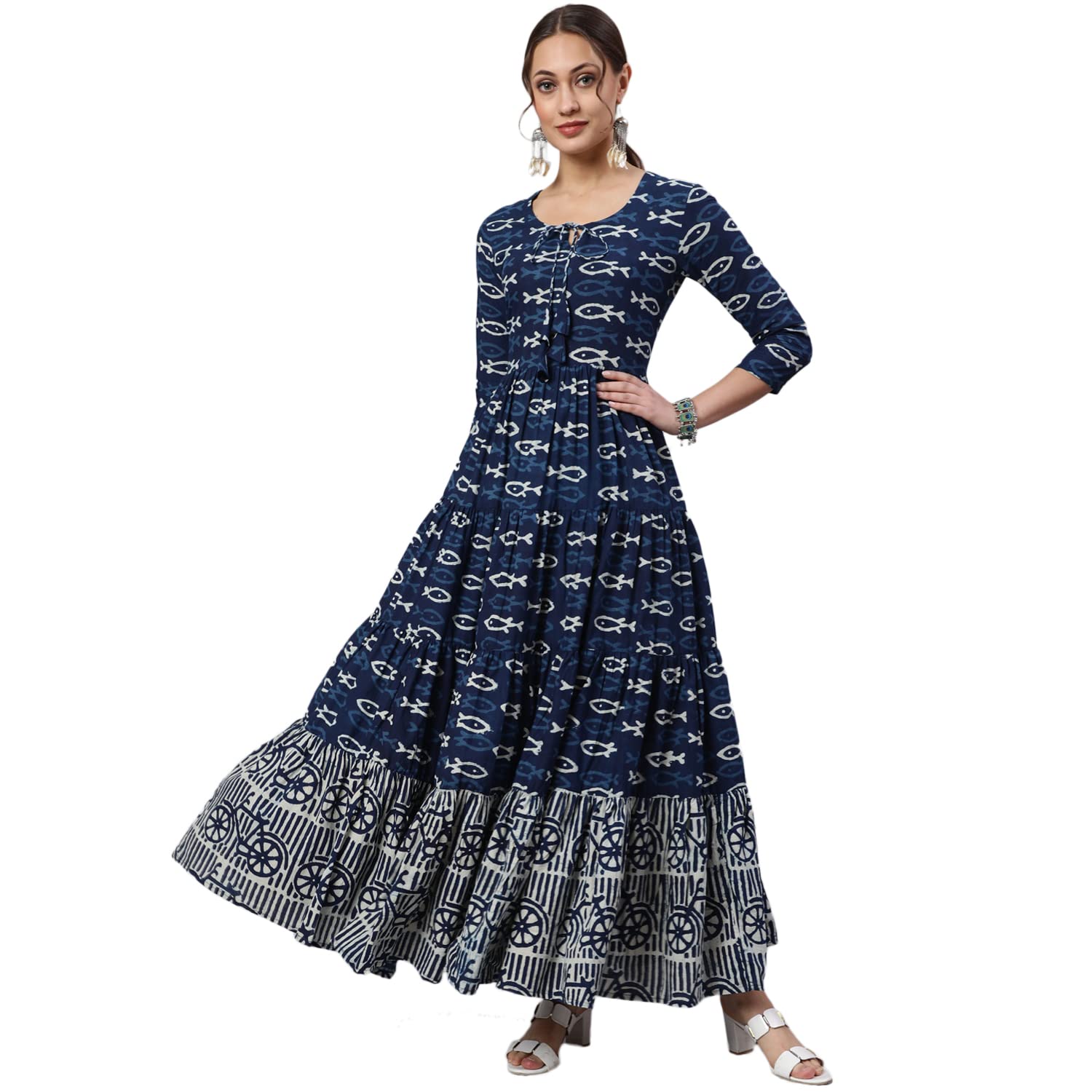 Glam Roots Women Cotton Printed Round Neck 3/4 Sleeve Tiered Kurta