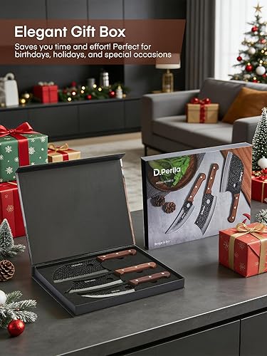 Miniatura 7 de D.Perlla Juego de cuchillos de carnicero de 3 piezas para cortar carne, juegos de cuchillos de chef serbio y cuchillo vikingo con mango de madera,