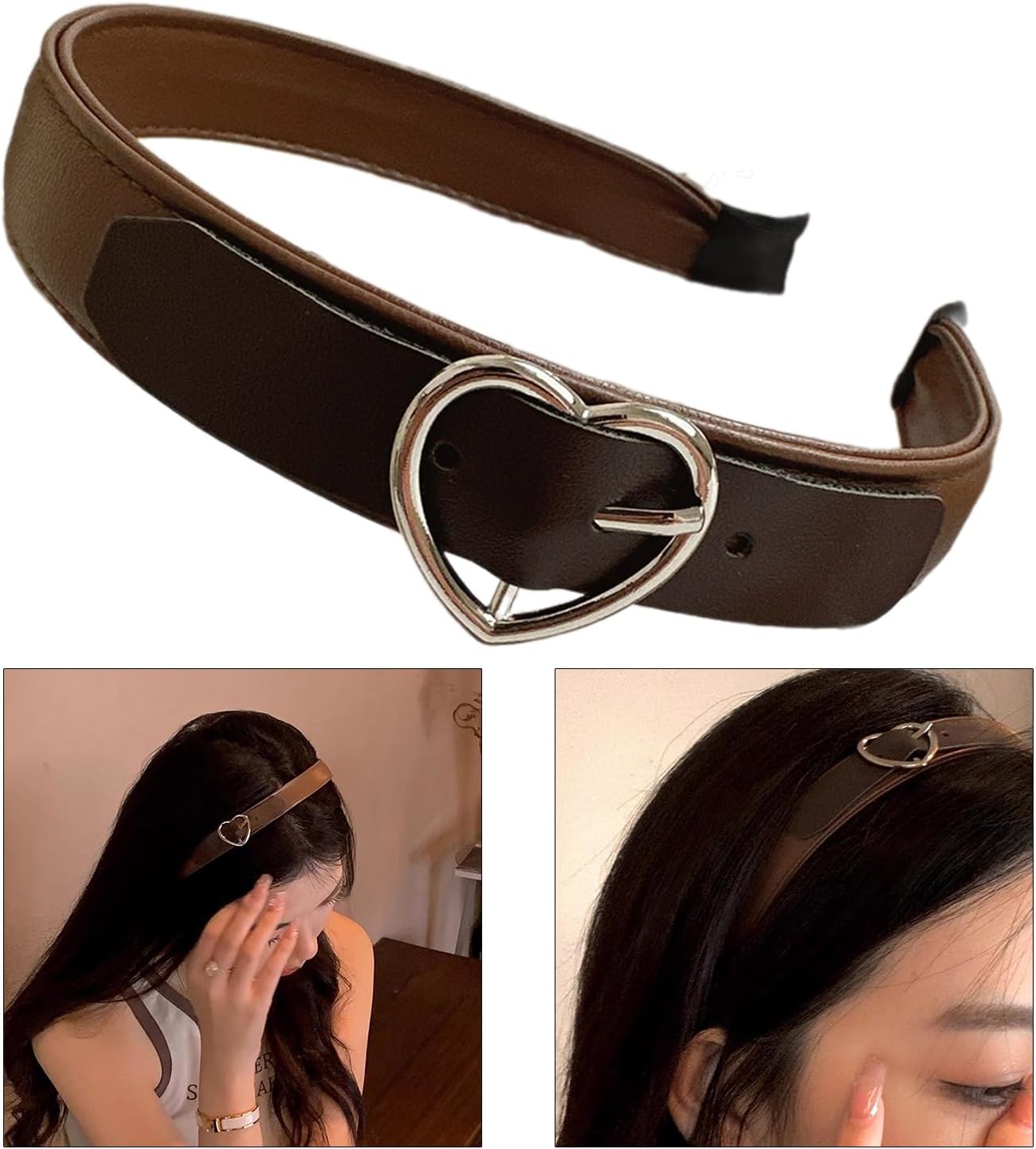 PU Heart Shaped Buckle Headbands Elastic Woman Makeup Headband Exaggerated Adjustable Rock Punk Hairband Anti-Slip image 2
