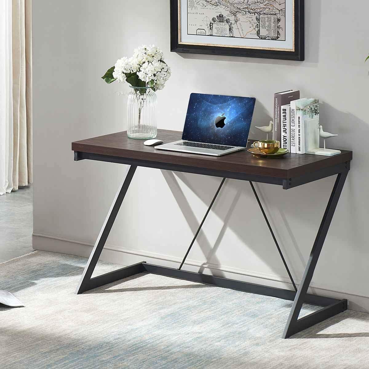 SHOCOKO Computer Desk 55 inch, Metal and Wood Z Writing Desk, Work Sturdy Table for Home Office, Espresso
