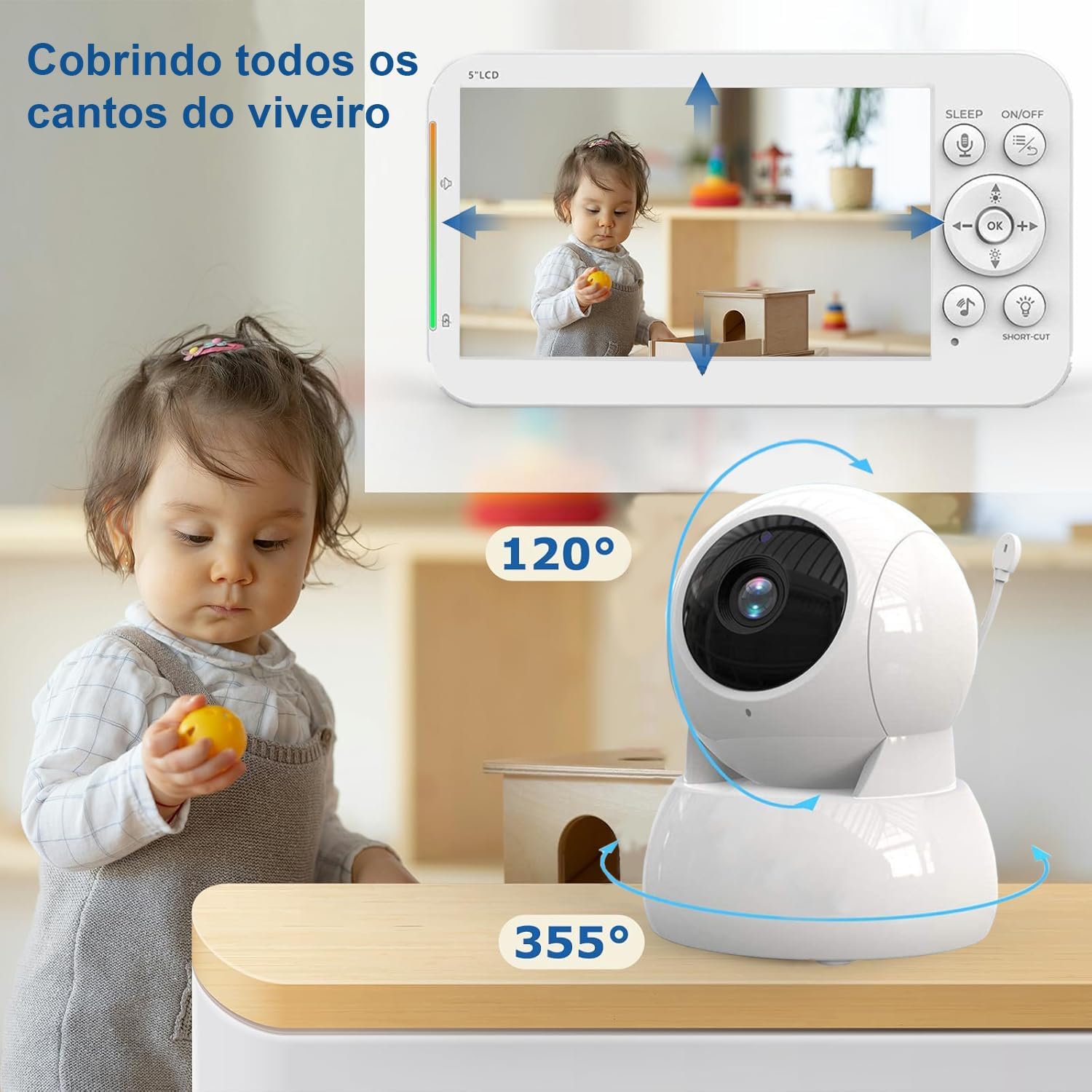 Monitor de Bebê com Câmera HD 1080p, Tela de 5 Polegadas, Áudio Bidirecional, Visão Noturna, Controle de Temperatura, Branco