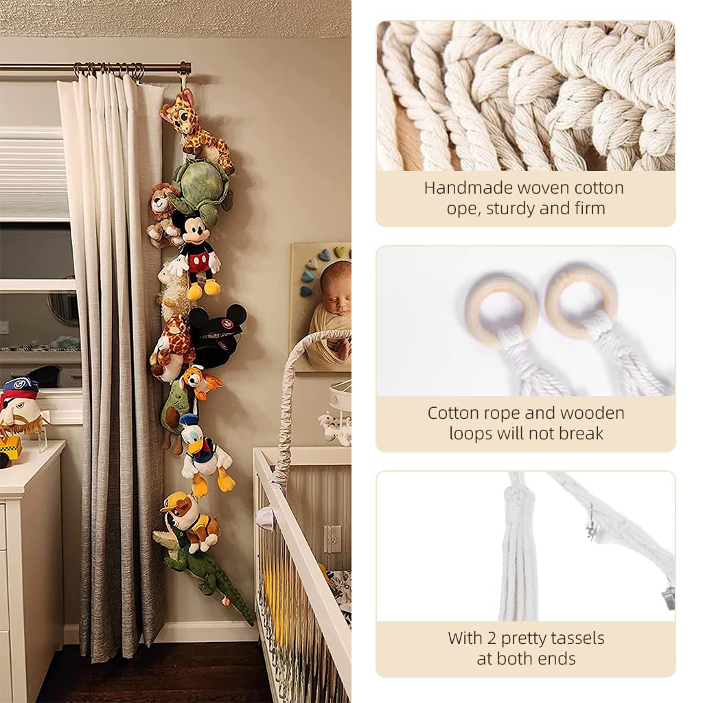 PATPAT® Handwoven Hanging Cotton Ropes 78'' Comforting Toy Storage Chain with 20 Clips Plush Toy Organizer Rope Room Decoration Door Hanging Decorative Organizer Rope Baby Room,Yellow - Image 3 thumbnail